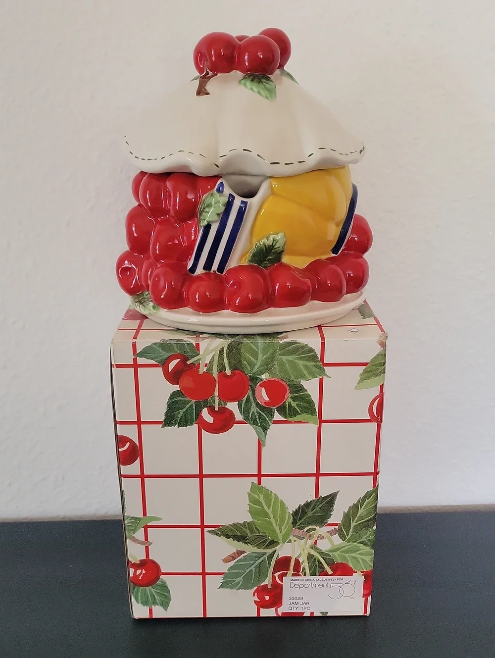 Vintage Department 56 Red Cherry Jam Jelly Jar Life Is Just A Bowl Of Cherries